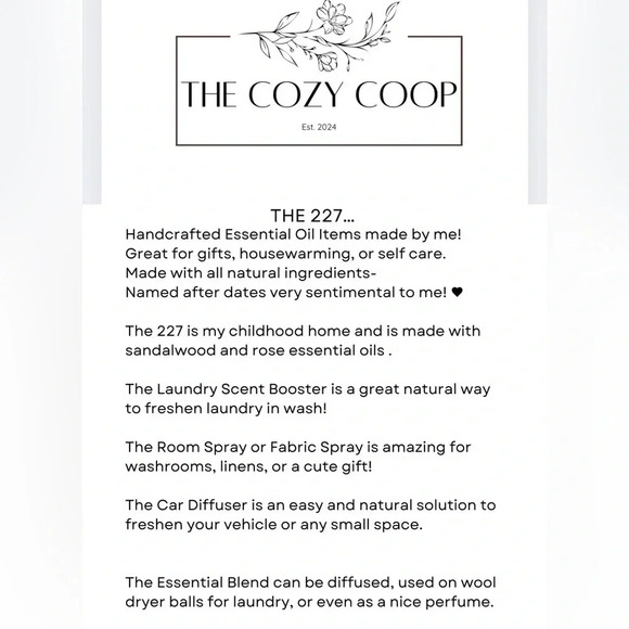 The 227 car diffuser- all natural. 6ml Sandalwood and Rose - Picture 2 of 2